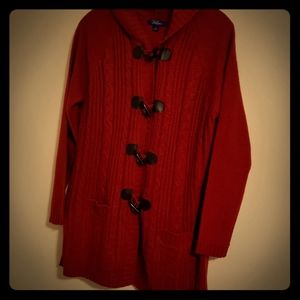 Red Cable Knit Cardigan with Hood